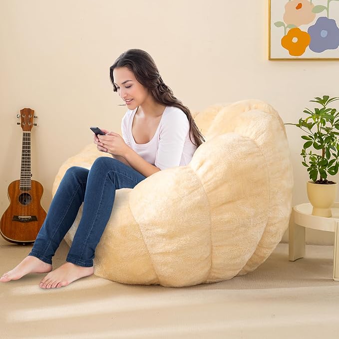 Pumpkin Bean Bag Sofa Chair for Adult, Beanbag Couch with Filler for Reading and Relaxation, Comfy and Lazy Sofa for Dorm, Apartment, Living Room and Bedroom, Ivory