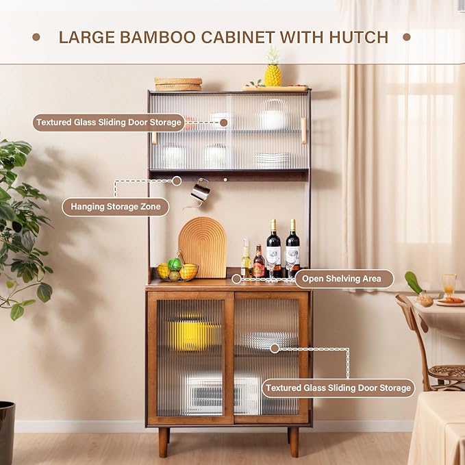 Tiita Kitchen Hutch with Countertop, 69” Rattan Solid Wood Pantry Cabinet with Hutch, Boho Bamboo Sideboard Buffet Cabinet, Boho Entryway Table for Living Room, Home Bar, Hallway, Walnut