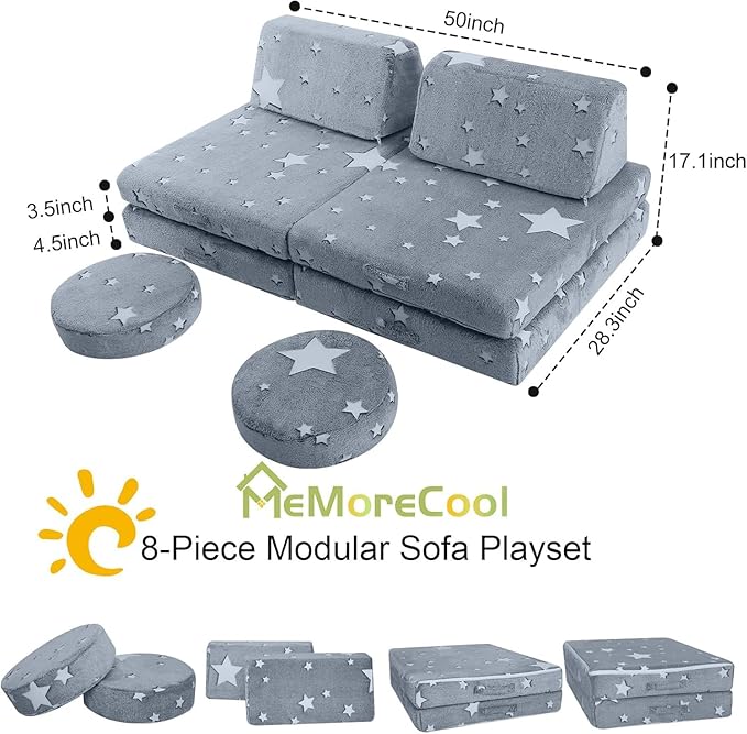 MeMoreCool 8-Piece Kids Modular Play Couch — Glow-in-The-Dark Star Foam Sofa Set for Toddlers, Convertible Fort Building & Climbing Furniture with Washable Covers, Playroom & Indoor Activity Set