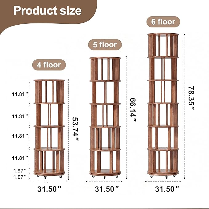 KEIKI 360° Spinning Revolving Bookcase, Solid Wood 6 Tier Rotating Bookshelf with Storage, Narrow Tall Book Rack & Art Deco Bookshelf Organizer, Walnut