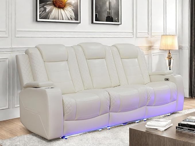 Leather Recliner Sofa Couch, 3-Seater Home Theater Seating Reclining Sofa, Power Reclining Couch with Cup Holders & Drop Down Table for Living Room Furniture Sets, White