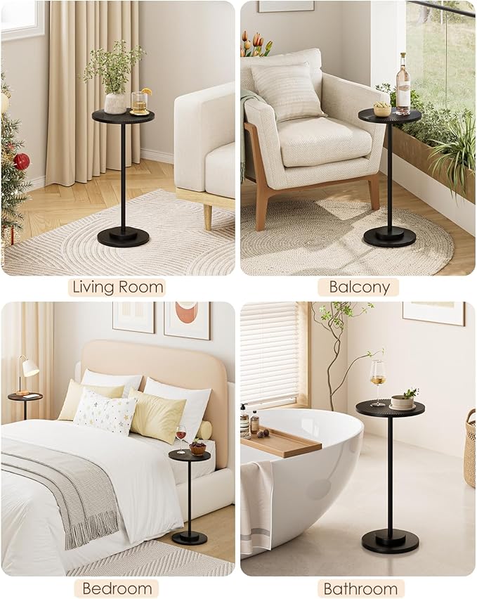 Round Side Table, Small Drink Table for Small Spaces, Modern Accent End Table Coffee Table with Metal Leg for Living Room, Bedroom, Corners, and Office (Black)