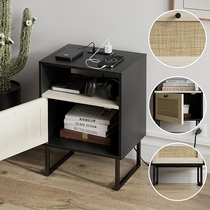 Masupu Boho Night Stand, Small Rattan Side Table, Wood Nightstand with Drawer and Charging Station, Bedside Table with White Shelf, End Table for Bedroom,Living Room,Office (Black Mix White)
