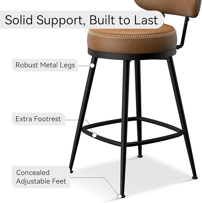 Counter Height Bar Stools, 26" H Swivel Barstools Set of 2, Faux Leather Kitchen Counter Stools with Back and Stylish Stitching, Metal Frame, Pub, Home Bar, Whisky Brown