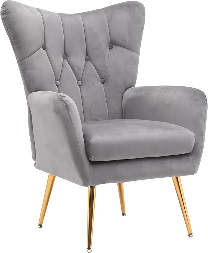 Container Furniture Direct Modern Chic Mid-Century Velvet Accent Armchair for Living Room, Bedroom, or Home Office, Button-Tufted Wingback Design with Gold Flared Legs, Grey