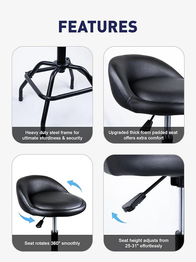 SMART JERRY - Garage Shop Stools, Counter Height Bar Stools, Swivel Barstools Height Adjustable, Work Bench Stool with Back, Kitchen Bar Height Chairs, Black (330lb Weight Capacity)