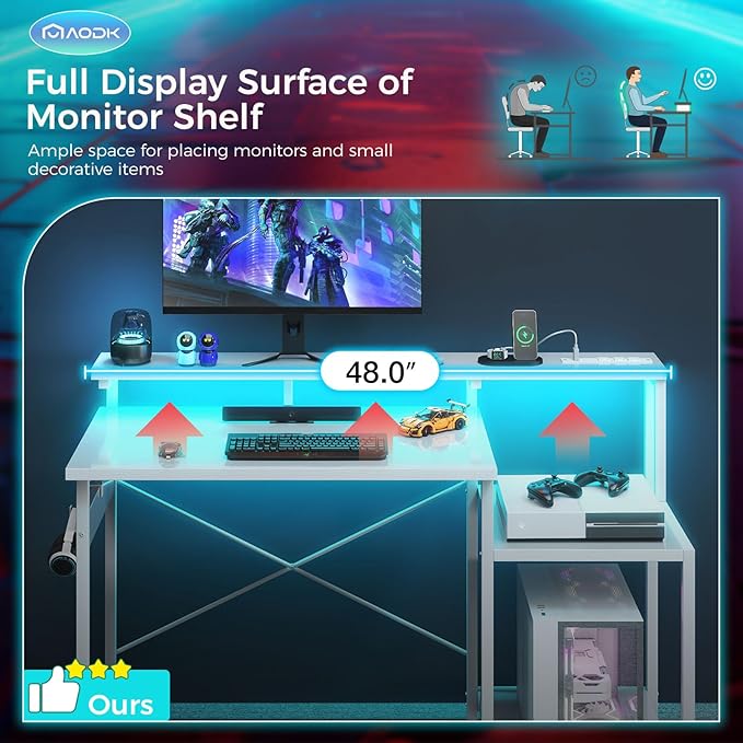 AODK Computer Desk, 48 Inch Gaming Desk with Led Lights & Power Outlet, Office Desk with Storage Shelves, Reversible Desk with Monitor Shelf & Headphone Hook, White