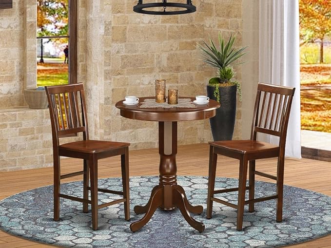 East West Furniture EDVN3-MAH-W 3 Piece Kitchen Counter Height Dining Table Set Contains a Round Wooden Table with Pedestal and 2 Dining Chairs, 30x30 Inch, Mahogany
