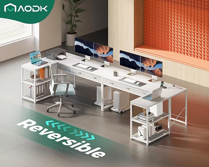 AODK 61 Inch L Shaped Computer Desk with Drawers, Corner Desk with Power Outlets & Reversible Storage Shelves, Movable CPU Stand for Home Office Gaming, White