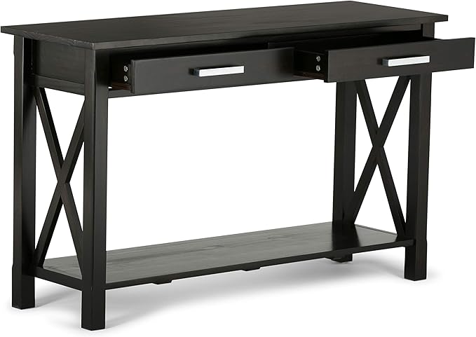 SIMPLIHOME Kitchener Console Table - 47 Inch Wide Solid Wood Sofa Table in Hickory Brown, Contemporary Storage Table for Entryway or Living Room with 2 Drawers, Bottom Shelf, and X-Design Side Panels