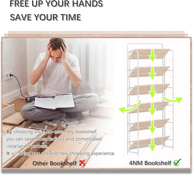 4NM No Assembly Folding Bookshelf 6 Tiers Vintage Industrial White Book Shelf Metal Foldable Storage Bookcase and Bookshelves for Living Room,Bedroom and Kitchen - Natural
