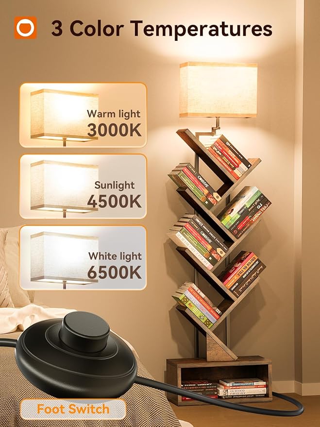 addlon 6-Tier Tree Bookshelf, Steel&Wood Corner Shelf with 3CCT Bulb,Small Book Shelf for Bedroom, Home Office&Living Room-Rustic Brown