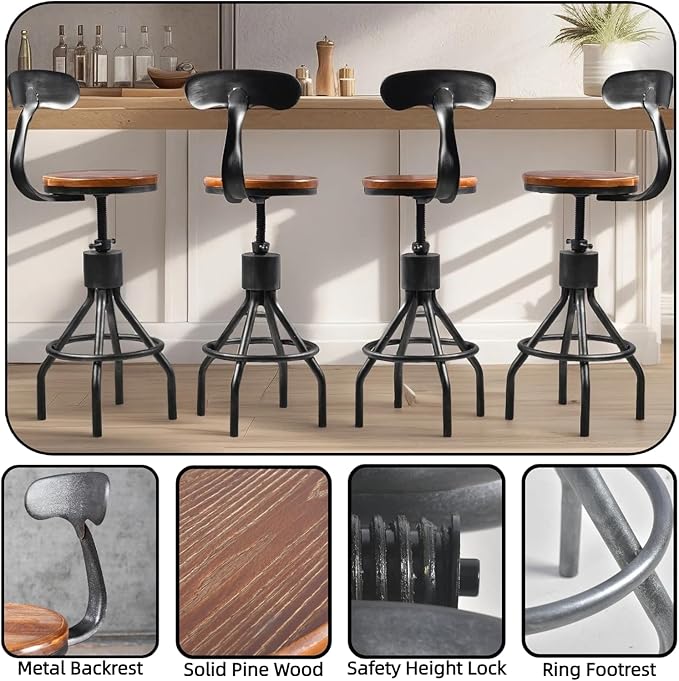 Set of 2 Vintage Bar Stool- Industrial Swivel Kitchen Dining Chair-Counter Height 23-33"-with Backrest