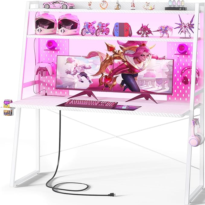 Gaming Desk with Hutch and LED Lights, Gaming Computer Desk with Power Outlets, Gamer Desk with Storage Shelves, PC Game Desk with Pegboards for Bedroom, Carbon Fiber White, 49"