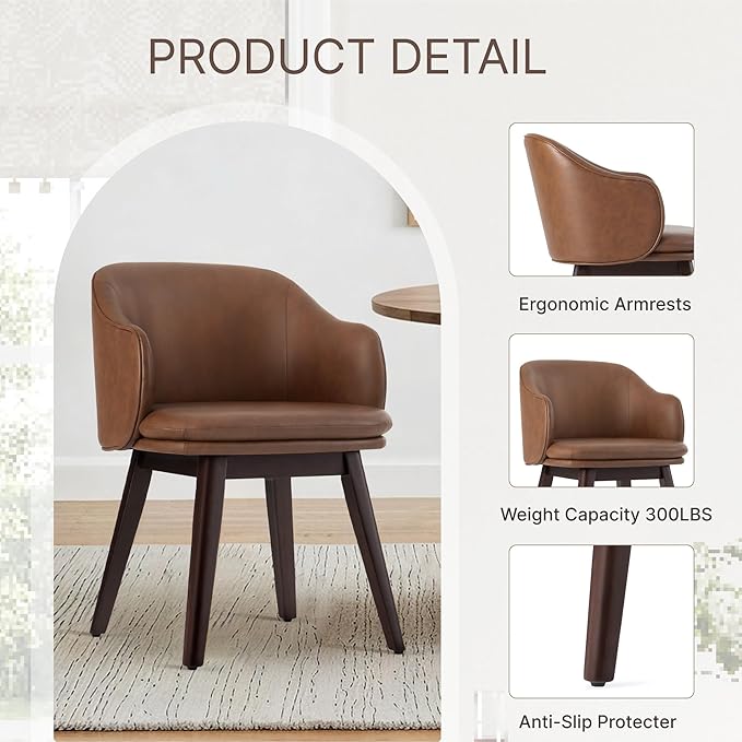 Wooden Dining Chairs Set of 4, Faux Leather Upholstered Modern Dining Room Chairs with Barrel Backrest & Double-Layer Thick Cushion for Living Room, Restaurant, Kitchen and Café, Brown, 2 Boxs