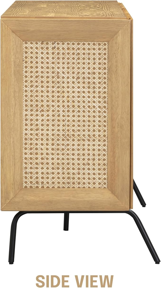 NTC MOSSIC Modern Sideboard with 3 Doors, Natural Rattan Storage Cabinet, Buffet with Metal Legs, Boho Accent Cabinet for Living Room, and Entryway, Effortless Assembly, Sand