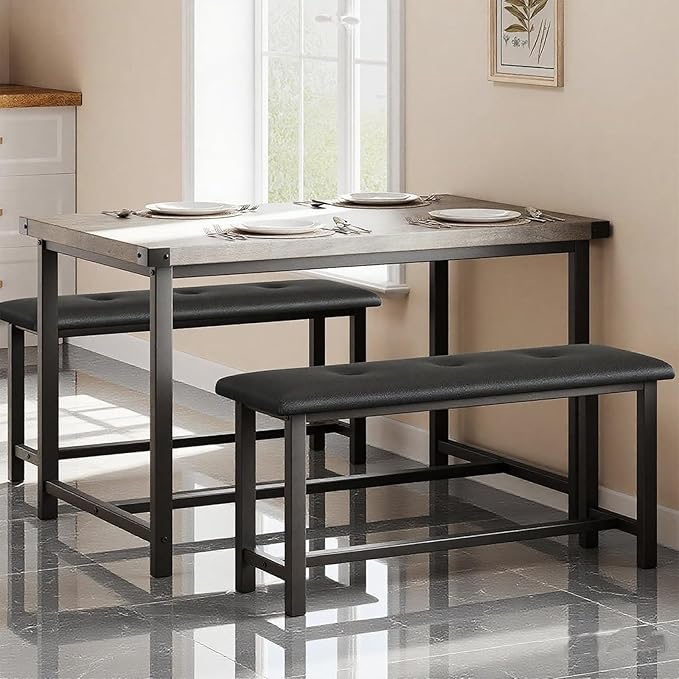 Garvee Dining Table with 2 Benches, Kitchen Table with 2 Upholstered Benches Rectangular Space Saving for Apartment, Dining Room, Kitchen, 44.5 Inches Large, Grey