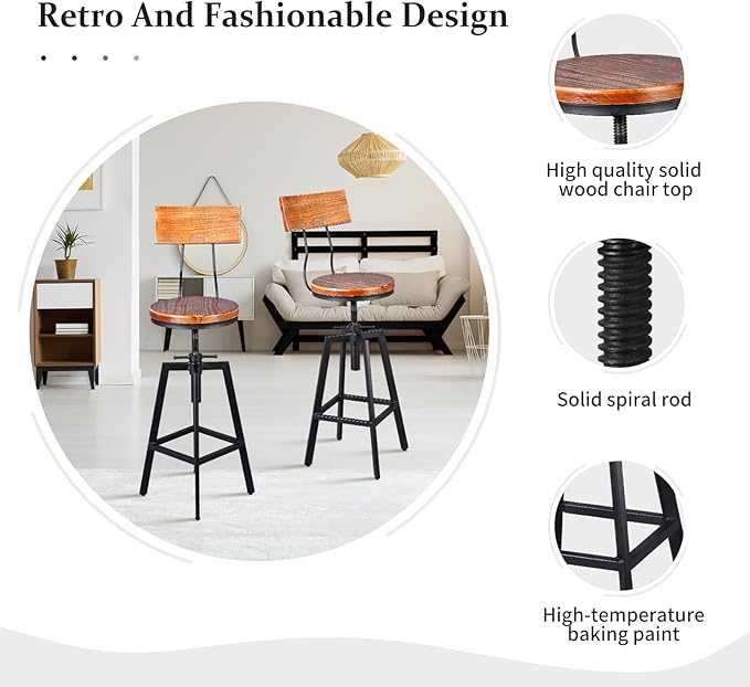 Diwhy Industrial Bar Stool Wood Metal Bar Stool,Adjustable Height Swivel Counter Height Bar Chair with Backrest,Black,Fully Welded Set of 2 (Brown Wooden Top with Wooden Backrest)