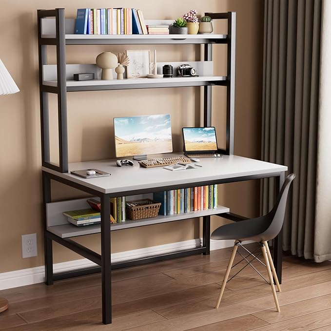 Aquzee Computer Desk, Easy Assembly Gaming Table with Hutch and Shelves, 4 Tiers Desk with Large Wood Desktop, Metal Legs, Ideal for Storage Study Work Writing Homework, White, 55Wx65Hx23.6D Inches