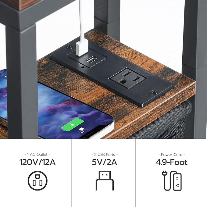 HOOBRO Foldable End Table with Charging Station, C Shaped Side Table with Storage Bag, Slide Under Sofa Couch Table for Small Spaces in Living Room, Bedroom, Easy Assembly, Rustic Brown BF101USF01