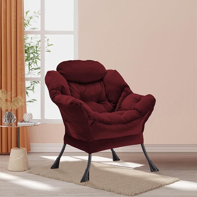 Lazy Chair Thick Padded, Comfy Velvet Accent Lounge Chair with Stable Frame, Leisure Sofa Armchair with Armrests and Side Pocket, Reading Chair for Bedroom, Living Room, Office, Burgundy