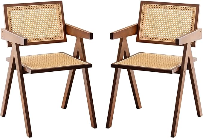 Rattan Accent Chairs, Modern Mid Century Dining Chairs Set of 2, Comfy Armchairs, Outdoor Rattan Chairs with Armrest for Bedroom Living Room Reading Room Dining Kitchen, Brown