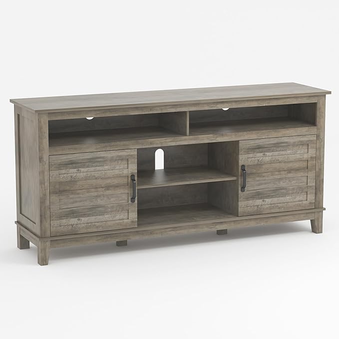 GarveeHome TV Stand for 63 in, Entertainment Center with Adjustable Shelves, Farmhouse TV Stand with Cabinet Doors,for Living Room, Bedroom (Grey, 63)