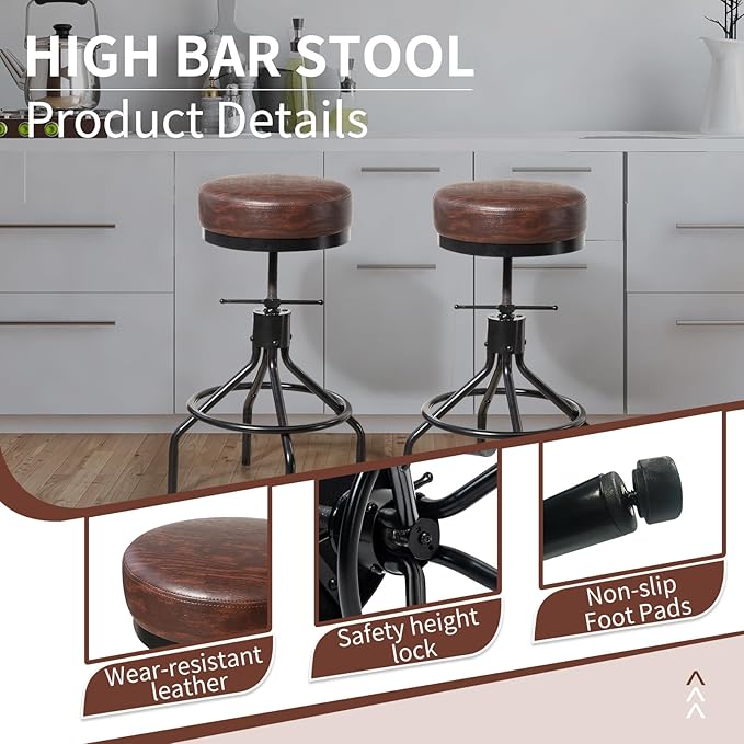 Industrial Barstools Set of 2 Adjustable Swivel Round Bar Stools Modern PU Leather 28inch Backless Counter Height Stool Metal Bar Chair for Kitchen Island (2, Walnut)