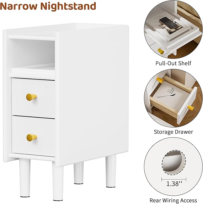 Huolewa Narrow Nightstand with 2 Drawers - Solid Wood Narrow Side Table with Open Shelf for Small Spaces, Couch, Bedroom, Living, Office - Small Bedside Table, End Tables (White, 7.87 inch)
