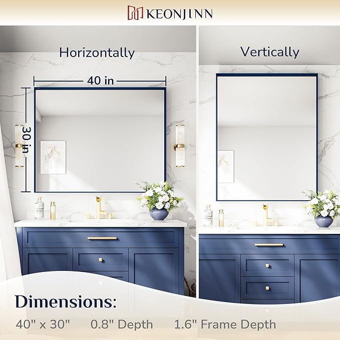 Keonjinn Blue Bathroom Mirror 40 x 30 Inch, Metal Frame Rectangular Wall Mirror, Modern Farmhouse Navy Blue Mirrors, Large Square Corner Rectangle Mirrors for Over Sink