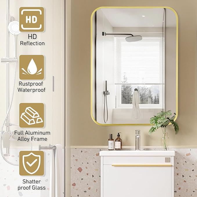 24x36 Inch Bathroom Mirror for Wall,Matte Gold Framed Rectangle Mirror with Rounded Corner,Aluminum Alloy Framed Brushed Wall Mirror for Bedroom or Living Room,Vertical or Horizontal
