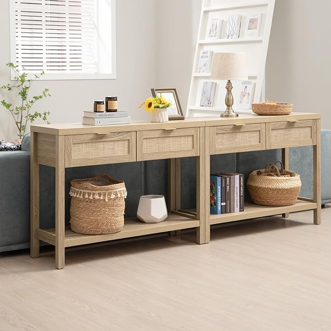 SICOTAS Console Table Set of 2 - Boho Entryway Table with Storage and Rattan Drawers, 2 Tier Shelf, Narrow Long Sofa Tables for Living Room, Natural Entry Table for Hallway, Foyer