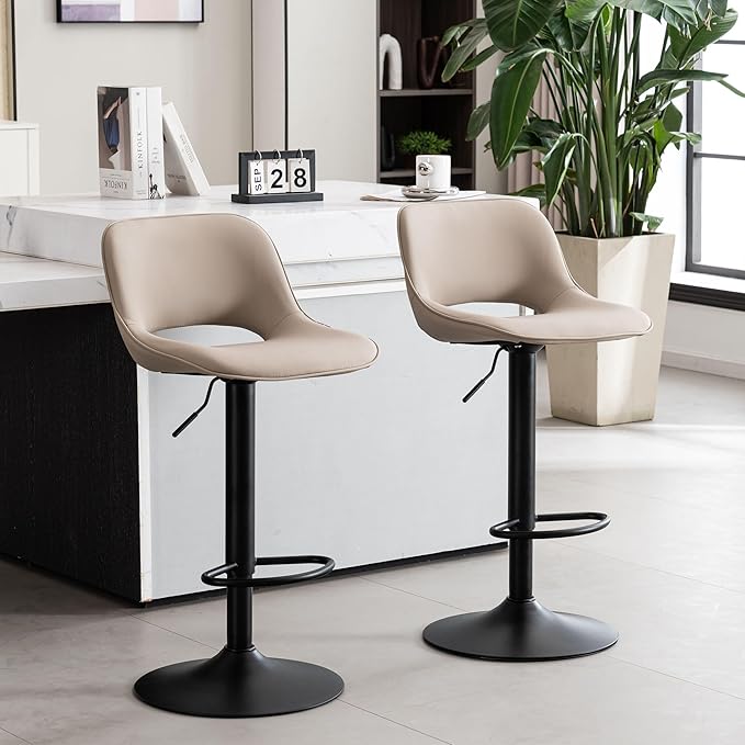 YOUNIKE Bar Stools Set of 2 Compact Modern Swivel Barstools, Adjustable Counter Height Bar Stools Faux Leather Upholstered Bar Chairs with Back for Kitchen Island, Khaki