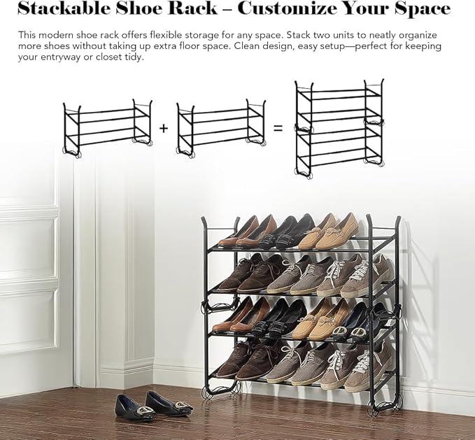 SunnyPoint Expandable & Stackable 2-Tier Shoe Rack – Adjustable Shoe Organizer for Entryway, Closet or Bedroom, Holds 4 to 8 Pairs, Space-Saving Metal Shoe Storage Shelf (17.5"–31.49" W) (BLK, 2 Tier)