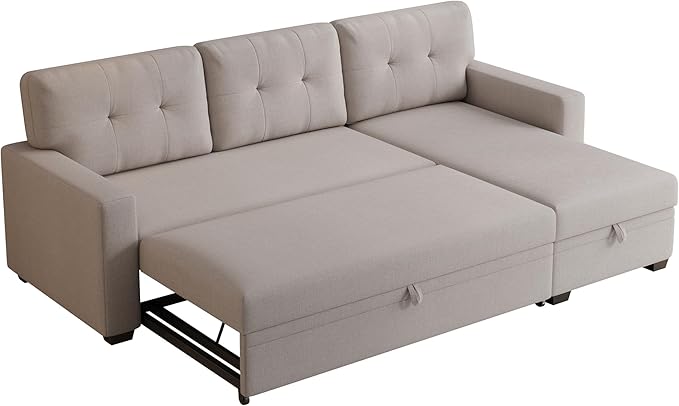Ball & Cast Convertible Sectional Sleeper Sofa Bed L Shaped 4 in 1 Pull Out Couch with Reversible Storage Chaise & Removable Back Cushions,Sleeper Corner Pull Out Sofa Bed Couch for Living Room,Office