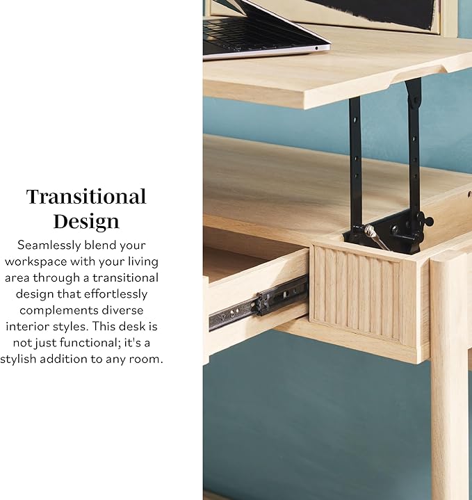 WALKER EDISON Transitional Style Furniture, Reeded Detail, Lift-Top Desk with Drawer and Storage Cubby, Sitting to Standing Desk, Soft Self-Close Desktop, 38”W x 16.75”D x 30”H, Coastal Oak