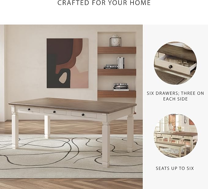 Signature Design by Ashley Bolanburg Farmhouse Dining Table with Drawers, Seats up to 6, Whitewash