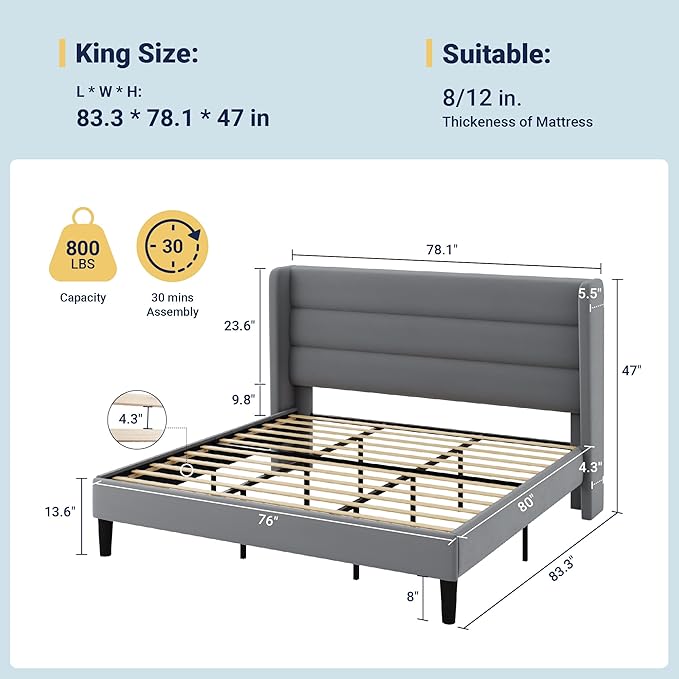 Allewie King Size Platform Bed Frame with Velvet Upholstered Wingback Headboard, No Box Spring Needed, Under Bed Storage Space, Strong Wooden Slats, Modern Mattress Foundation, Easy Assembly, Grey
