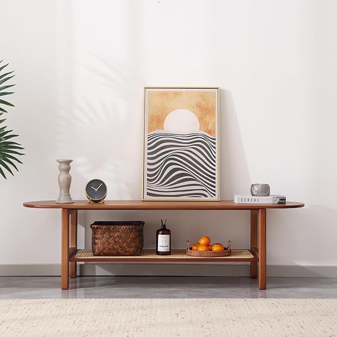 Tiita TV Stand with Storage for TV up to 65 inch, Bamboo Rattan TV Console Entertainment Center with 2 Open Shelf, Mid Century Modern Media Console for Living Room, Bedroom, Walnut