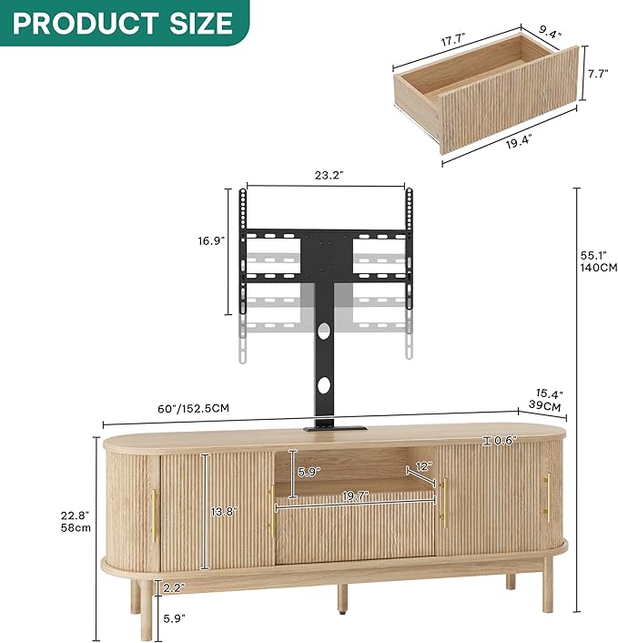 YITAHOME Fluted TV Stands for Living Room with Mount, Modern Entertainment Center for 32-70 inch TVs, LED Curved TV Stand with PowerOutlets & LED Light, Curved Profile Design, Natural Oak