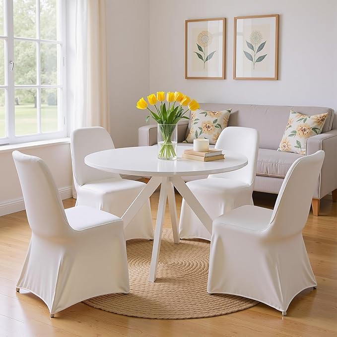 Round Dining Table for 4, 47 Inch Modern Dinner Table Small Round Dining Room Tables, Mid Century Kitchen Tables for Small Space, Kitchen, Living Room, Steel Legs, White