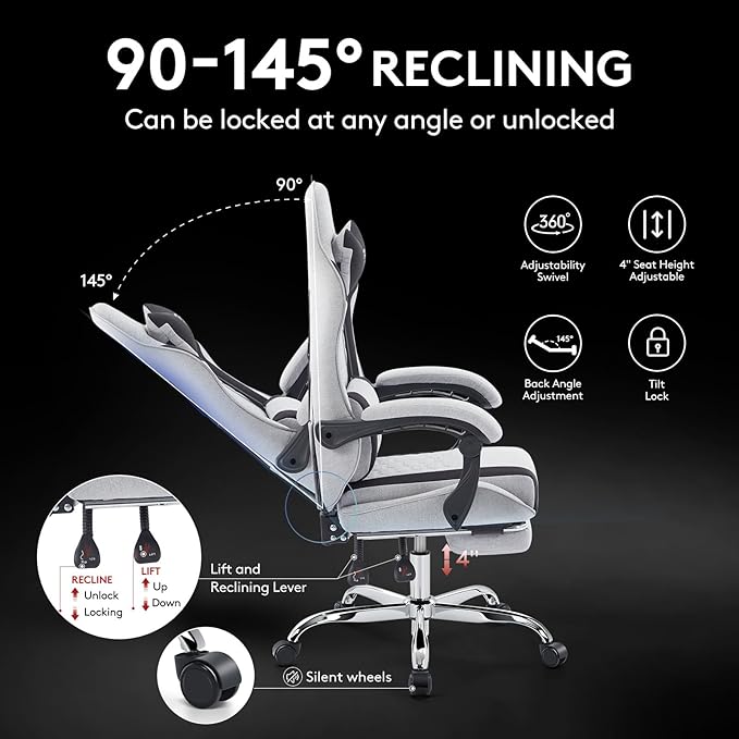 Gaming Chair Breathable Fabric,Computer Office Chair with Footrest,Massage Lumbar Support and Gel Pad,Ergonomic Reclining Adjustable Gamer Chair with Headrest and Spring Cushion Grey Black