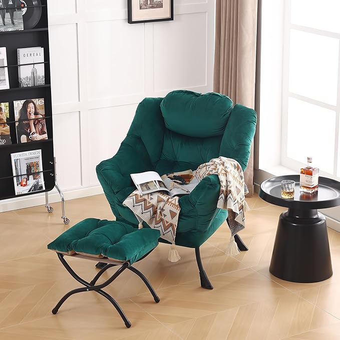 LITA Lazy Chair With Ottoman, Modern Accent Leisure Upholstered Sofa, Contemporary Lounge Reading With Armrests and Side Pocket for Living Room, Bedroom & Small Space, Dark Green