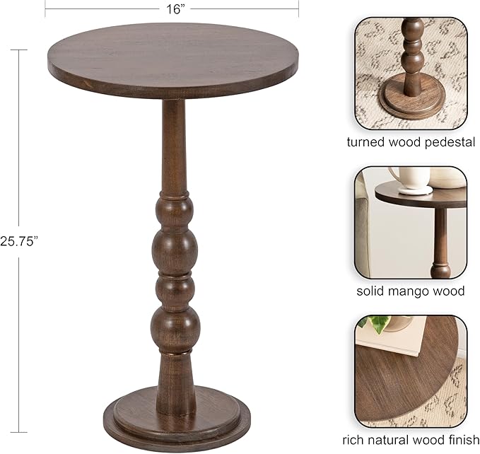 Kate and Laurel Wegner Traditional Wooden Round Side Table, 16 x 26, Brown, Elegant and Durable Pedestal Table for Use as Living Room End Table, Plant Stand, or Bedroom Nightstand