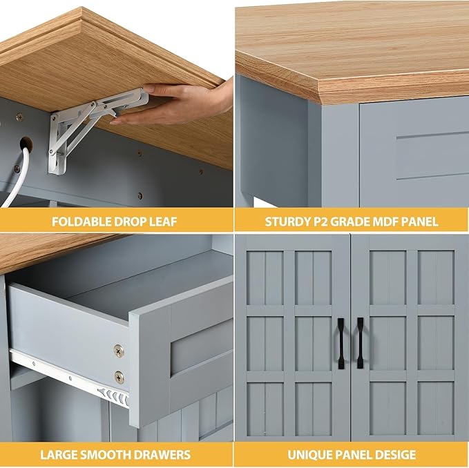 DWVO Rolling Kitchen Island with Drop Leaf, Mobile Storage Islands with Power Outlet Foldable Tabletop, 2 Drawers and Open Shelves, for Living Room, Dining Room, Blue Gray