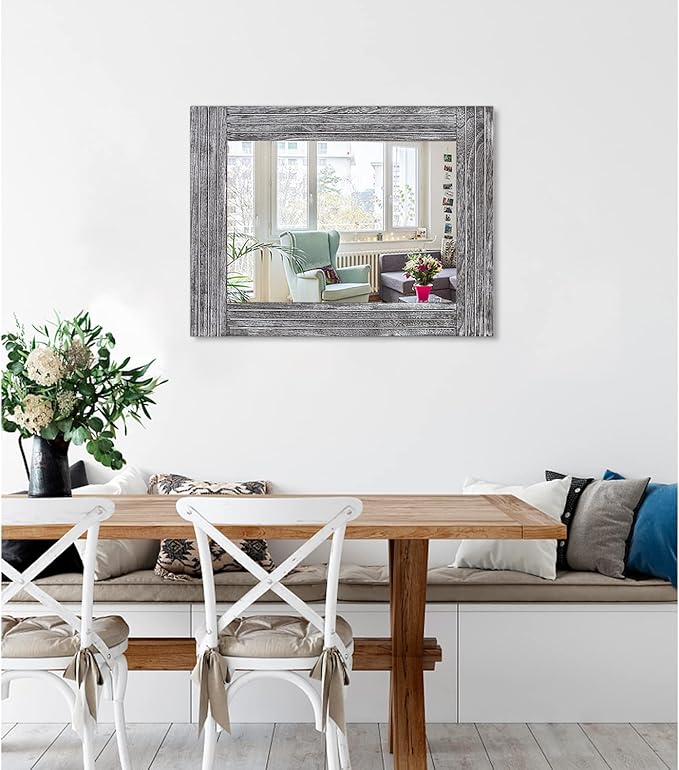 Rustic Wall Mirror Farmhouse, with Frame Wood Wall Mirror Rectangle Antique Decor Hanging Mirror for Bathroom Living Room Bedroom Entryway Large 20"x16"
