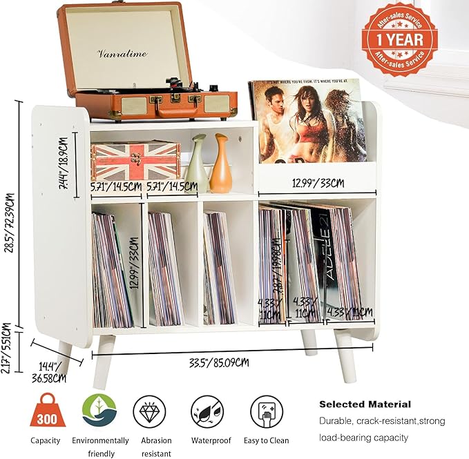 Record Player Stand, Large Record Player Table Cabinet with Open Vinyl Storage and Display Shelf Holds up to 350 Albums, Mid Century Wood Turntable for Living Room, Bedroom (White)