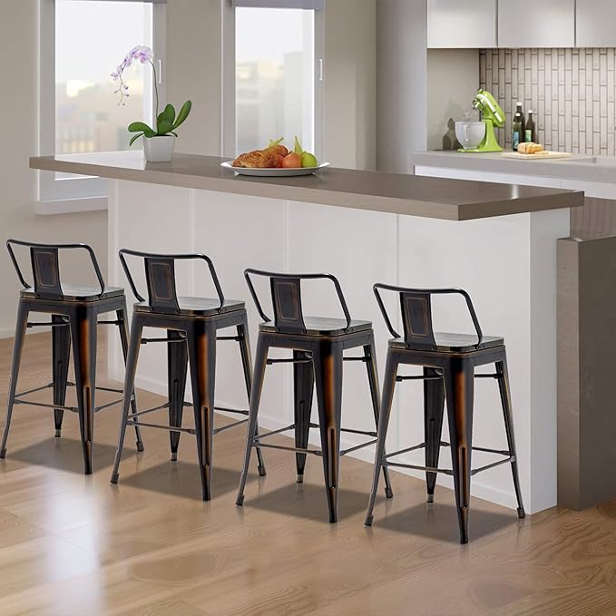 30 Inch Swivel Bar Stools Set of 4 with Backs Counter Height Industrial Metal Barstools Island Bar Chairs for Home Kitchen Dining Room (Swivel 30 inch, Distressed Gold Wooden)