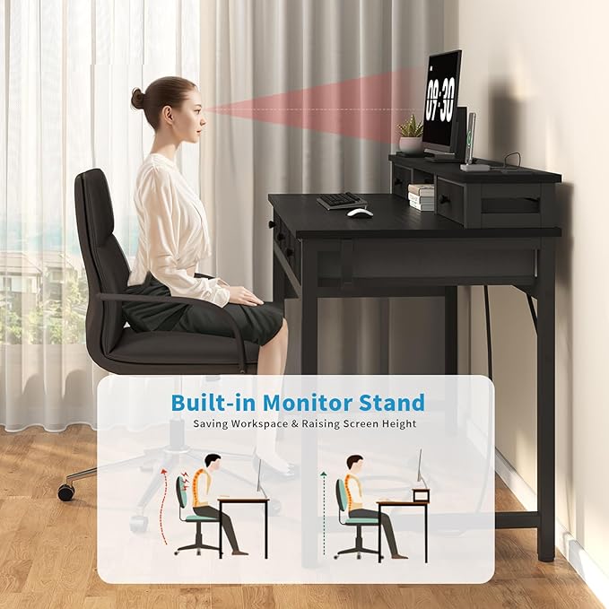 Lufeiya Computer Desk with Drawers for Home Office Bedroom, 40 inch Black Writing Study Teacher Desks with Fabric Drawers Storage, Gaming Desk Table with Power Outlet & Monitor Stand, Black