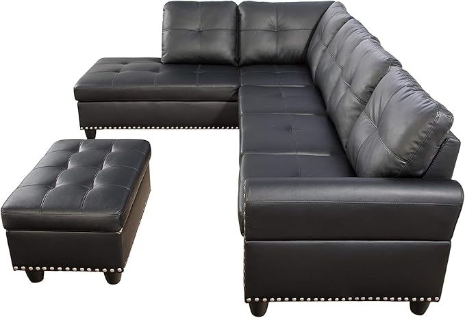 Ball & Cast 98" L Shaped Sectional Couch for Living Room with Chaise & Storage Ottoman,4 Seat Faux Leather Upholstered Modular Sectional Sofa Set 3 PCS W/Cup Holder&Nailhead Trim,for Home,Office,Black